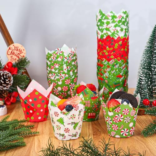 FYSUIMU 200Pcs Christmas Tulip Cupcake Liners Funny Cartoon Character Muffin Baking Cups Xmas Red Green Cupcake Wrappers for Winter Holiday Birthday Wedding Party Supplies Table Decor