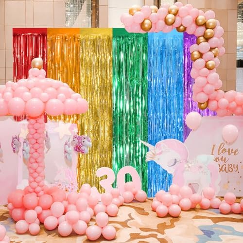 Rainbow Tinsel Backdrop Foil Fringe Curtains, 2 Pack Party Decor