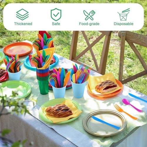 Kochorie 300 Pieces Rainbow Plastic Silverware Disposable Colorful Utensils