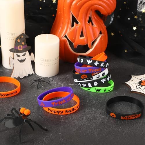 JUNEBRUSHS 24Pcs Halloween Silicone Bracelets Halloween Favors Supplies Rubber Wristbands for Kids Party Goodie Bag Stuffers Fillers Decorations Accessories (6 Designs)