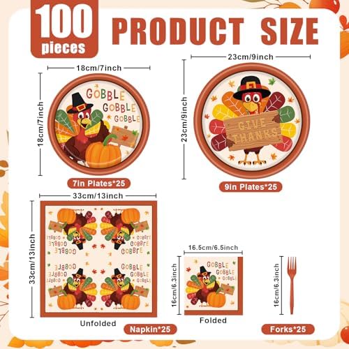 100 Pieces Thanksgiving Turkey Party Tableware Set – Gobble Gobble Plates, Napkins and Forks, Disposable Dinnerware for Thanksgiving Dinner, Friendsgiving and Fall Harvest Party Supplies