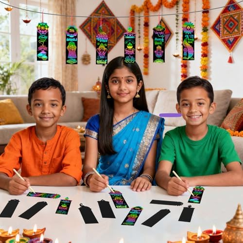 AUGSUN 96Pcs Diwali Scratch Art Bookmarks Indian Crafts for Kids