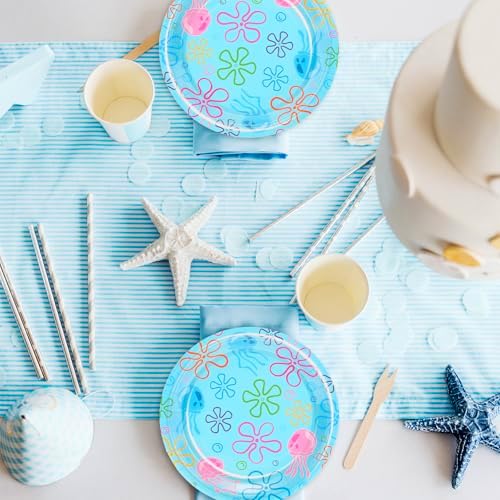 Whaline 40 Pcs Cartoon Sponge Paper Plates Flower Bubble Jellyfish Disposable Plates 9 Inch Under The Sea Party Tableware for Ocean Birthday Baby Shower Table Decor Supplies