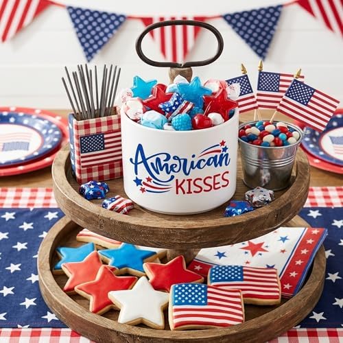 Patriotic 4th of July Candy Dish, Independence Day Mini Ceramic Candy Bowl Tiered Tray Centerpiece Decor, Snack Serving Table Wishes Accents for Party Home Kitchen Events (American Kisses)