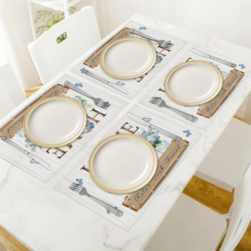 Blue Floral Placemats Set of 6, 12x18 Inch Spring Flower Hydrangea Butterfly Rustic Sweet Home Wooden Plank Seasonal Farmhouse Holiday Cafe Table Mats for Party Kitchen Dining Decoration