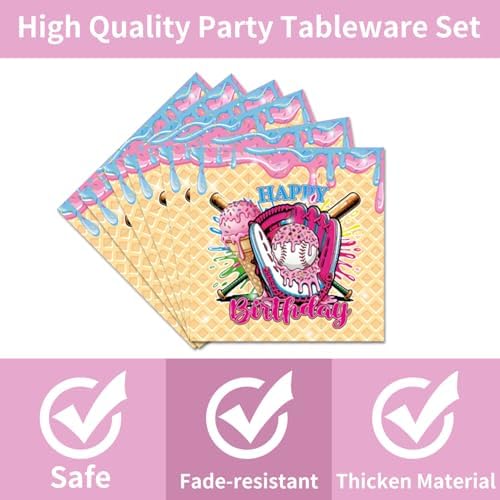 EUOYUFO 96Pcs Ice Cream Party Decorations Tableware Set Ice Cream Baseball Drip Happy Birthday Paper Plates Napkins Forks Baseball Sport Team Theme Bday Party Supplies Serve 24 Guests