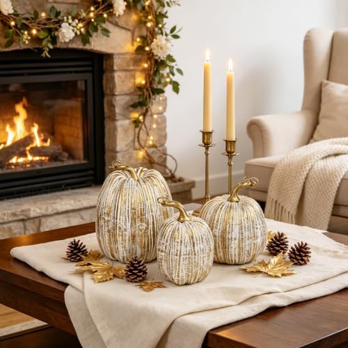 winemana Gold Pumpkins Fall Decor Large Artificial Foam Pumpkin, 3 Pack