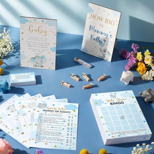 Funnymoom 426 Pcs Blue Elephant Baby Shower Games Set, 8 Activities