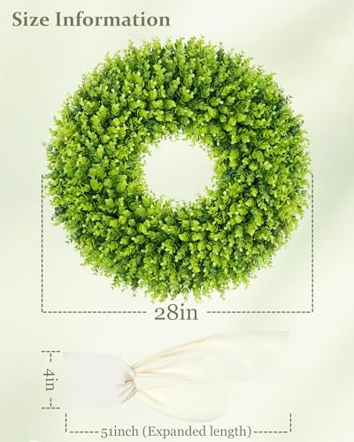 DDHS 28 inch Boxwood Wreath, Artificial Large Spring Wreaths for Front Door with Yellow Sash can DIY Shaped, Summer Wreaths for Hanging in the Shop, Farmhouse, Roof Green Everyday Wreath Home Decor