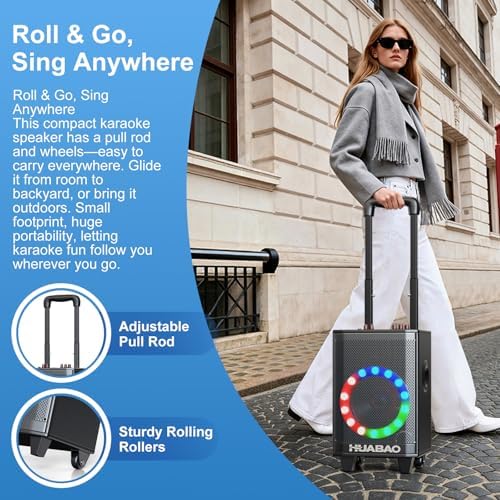 Portable Karaoke Machine with 2 Wireless Microphones, Bluetooth Speaker with Lights and Trolley Wheels, 6600mAh Rechargeable PA System, FM/AUX/USB/TF, Remote, Bass/Treble/Echo Adjust, Ideal for Party