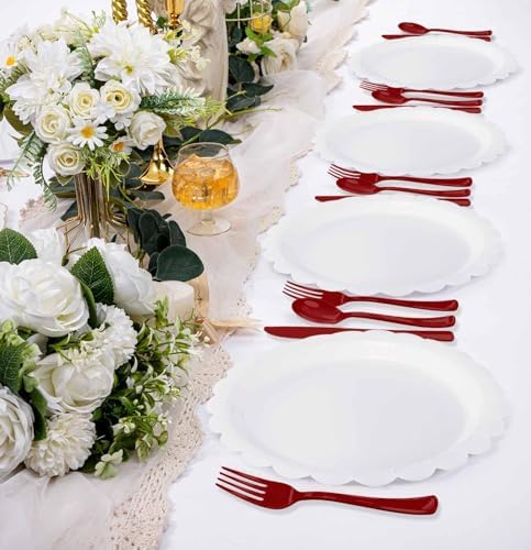 HEIPINIUYE 75 Pack Burgundy Plastic Cutlery Heavy Duty Burgundy Plastic Knives Forks and Spoons Disposable Silverware Set for 25 Guest Camping Birthday Baby Shower Party Cutlery Set