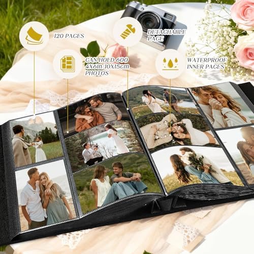 Lanpn Couple Photo Album 4x6 600 Pockets - The Story of Us, Linen Large Wedding Anniversary Picture Albums Book Horizontal Vertical Photo for Newlywed Engagement Love Stories Valentine's Day (Beige)