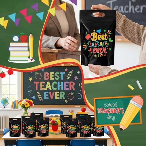 Engrowtic 100 Pcs Back to School Teacher Gift Bags Resealable First Day of School Teacher Treat Bag Bulk Thank You Goodie Pouches with Handles for Classroom Preschool Kindergarten Supplies