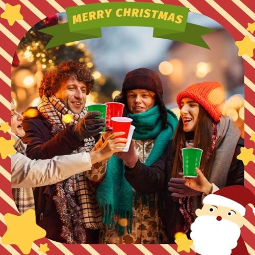 JarThenaAMCS 150Pcs Christmas Plastic Cups 12Oz Red Green White Disposable Drinking Cup Stackable Party Cups for Xmas Birthday Events Supplies
