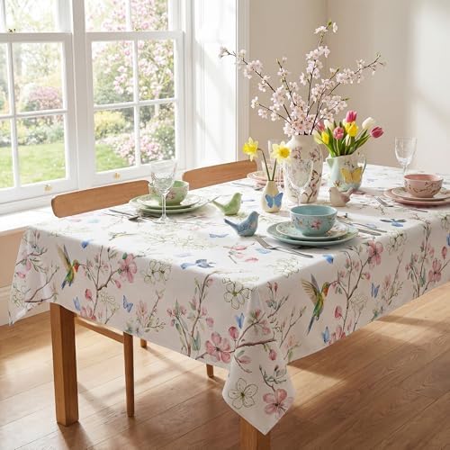 Spring Floral Tablecloth 52x70 Inch, Spring Birds Branch Floral Decorations for Home Table Cloth Rectangle Decor Tablecloths Polyester for Picnic Party Dinner
