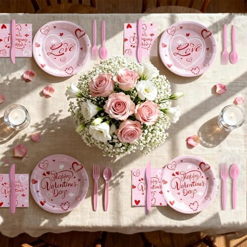 168 Pcs Valentine's Day Tableware Set - Serves 24, Heart & Love-Themed Disposable Paper Plates, Cups, Napkins, Forks, Spoons, Knives for Valentines Day Party, Wedding,Bridal Shower,Holiday Gatherings