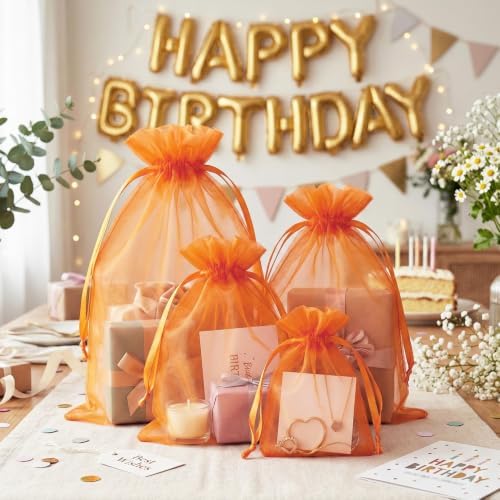 FUNFERY 100PCS Orange Organza Gift Bags 6x9in,Drawstring Pouch for Jewelry