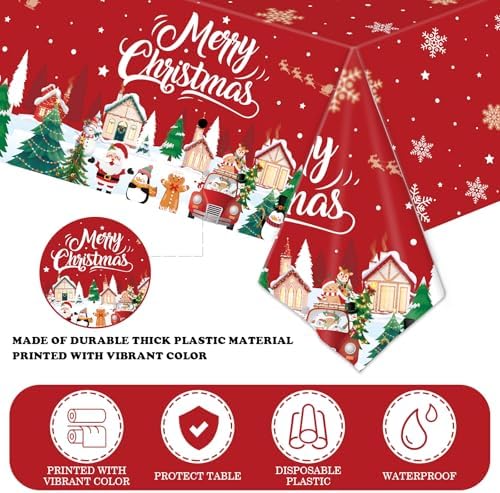 BokingOne 3 Pack Santa Claus Tablecloth 54x108 Inch - Red Christmas Disposable Plastic Table Cover with Reindeer, Snow House & Merry Christmas Print for Xmas Party Decor, Gift Wrapping Station