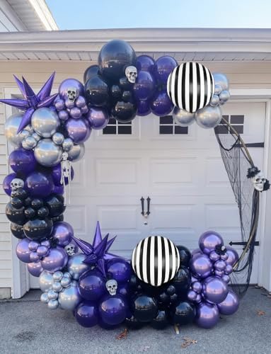 Halloween Balloon Garland Arch Kit, 135PCS Nightmare Theme Balloons,Purple Black Silver Balloons with Foil Starburst Balloon for Spooky Party, Dark Style Birthday, Gothic Theme Party Decor