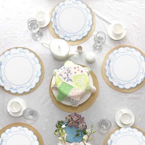 JarThenaAMCS 50Pcs Blue Bow Paper Plate Scalloped Bowknot Baby Shower Disposable Plate 9 Inch Decorative Dinner Plates for Birthday Party Table Decor