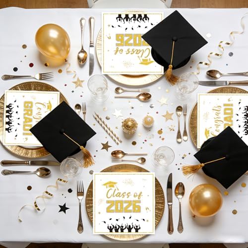 50 Pack Graduation Paper Napkins, Disposable White and Gold Graduation Napkins, Class of 2026 Napkins for Graduation Celebration Party Supplies