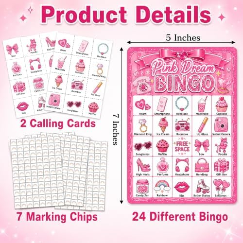 Pink Dream Glitter Bingo Game Cards, 24 Player Party Game for Girls