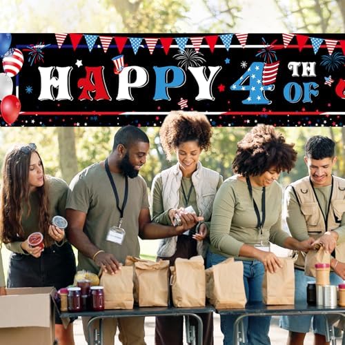 Tiamon 3 Pcs Patriotic Decorations 4th of July Banner with Bunting Fan Flags Red White and Blue Pleated Half Fan Banner American Flag Backdrop for Independence Memorial Day Party Supplies Outdoor
