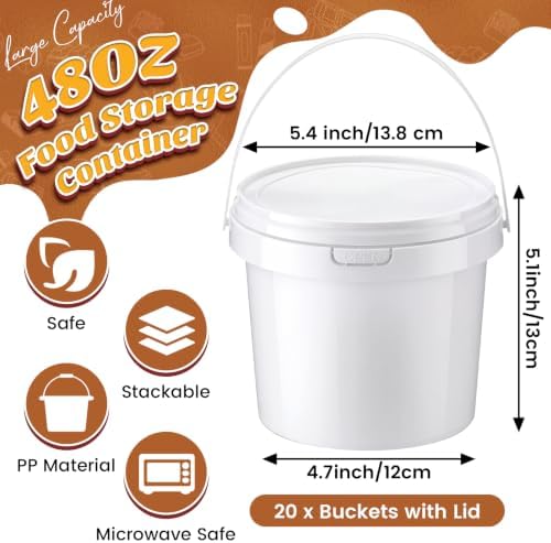 Funnymoom 20 Pack 48 oz White Buckets with Lids and Handles