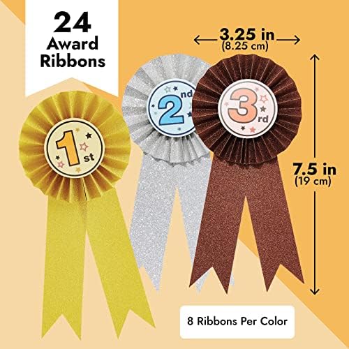 Juvale First Place Ribbons - 3.25-in Dia x 7.5-in, Gold, Silver & Bronze, Modern, 24-Pack - Peel & Stick Adhesive Polypropylene Rosettes - Field Day & Student Achievement Awards