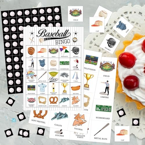 Baseball Bingo Game, Sport Bingo Cards Set, Birthday Party Bingo Supplies for Adults, Family Friends Activities Favors Decorations for 24 Player, 01