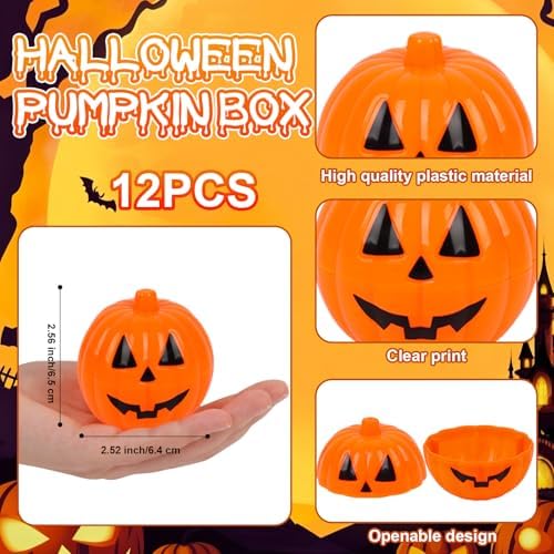 FOIMAS Halloween Pumpkin Candy Box, 12pcs Mini Plastic Pumpkin Containers Fillable Candy Treat Storage Box for Trick or Treat Halloween Party Decoration Storing Packaging Snacks Crafts Accessories