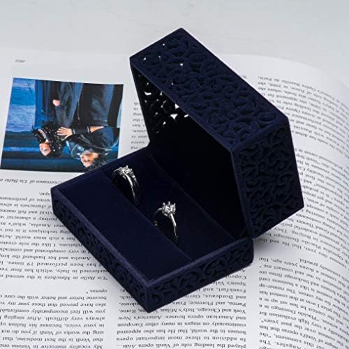 Hollow Velvet Ring Box Velvet Jewelry Box for Rings Couple Double Ring Bearer Box Engagement Gift (Dark Blue)