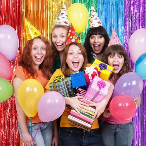 Rainbow Party Backdrop, 2Pack 3.3x8.3Ft Metallic Tinsel Foil Fringe Curtain