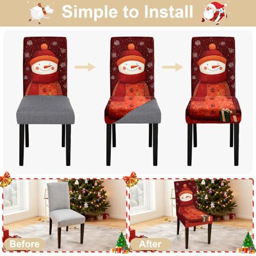 Christmas Chair Covers Set of 4, Snowman with Gifts Dining Chair Slipcovers, Stretchable Holiday Chair Protectors with Snowflakes