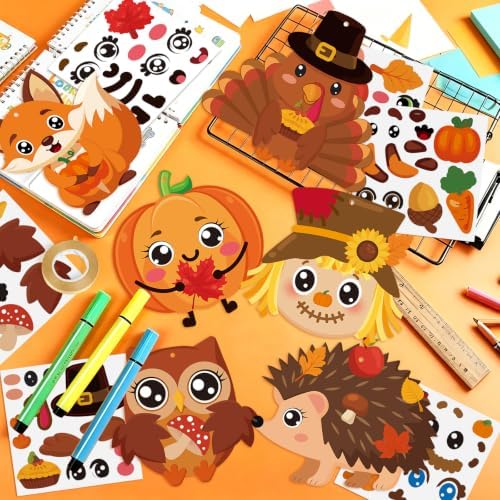 Fall Crafts for Kids Adults 24 Sets DIY Animal Ornament Thanksgiving Stickers Make Your Own Turkey Scarecrow Pumpkin Owl Arts and Crafts Decorations for Autumn Harvest Home Classroom Party Favors