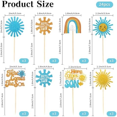 Here Comes the Son Cupcake Toppers, 24 PCS Here Comes the Son Baby Shower Decorations, Glitter Sun Themed Cupcake Party Decorations, Cupcakes Picks Food Picks for Baby Shower Party, Birthday, Wedding