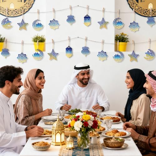 36PCS Wooden Ramadan Decorations Eid Islam Mubarak Ornaments Mubarak Hanging Hollow Pendant to Paint, DIY Blank Unfinished Wood Moon Cutouts Crafts Hanging Al Adha Star Lantern for Muslim Festive
