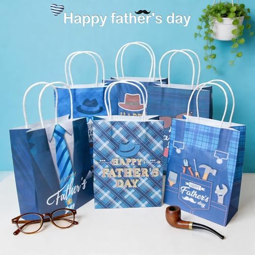 24 Pcs Fathers Day Gift Bags with Handles, 3 Unique Exquisite Designs, Bulk Decorative Daddy Gift Bags for Father's Day Party Favors Gift Wrapping Candy Packaging Holiday Celebration Supplies