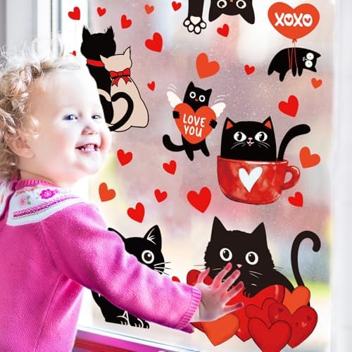 Whaline 6 Sheets Valentine' s Day Window Clings Window Decal Black Cat Red Love Heart Reusable Anti-Collision Windows Decor for Wedding Anniversary Home Party Supplies
