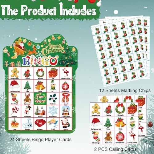 Christmas Bingo Game 24Players - Card for Kids Christmas Party Favor Family Activities Party Card Games School Classroom Games Turkey Party Favors Supplies (Green)