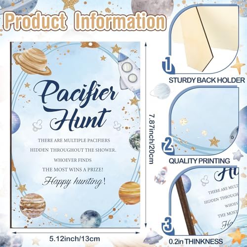 Thyle 51 Pcs Outer Space Baby Shower Games Planets Pacifier Hunt Include Galaxy Solar System Hunt Sign and 50 Acrylic Pacifiers for Astronaut Baby Shower Game over The Moon Gender Reveal Party Decor