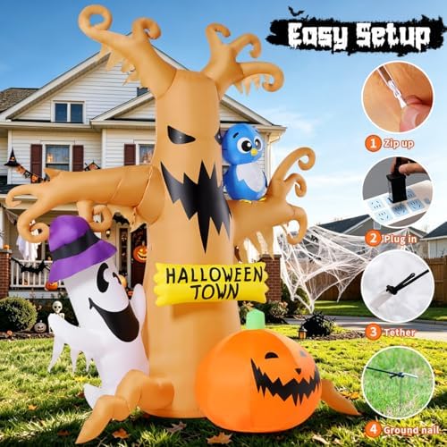 GOOSH 8 FT Halloween Inflatables Dead Tree Outdoor Decorations with Owl Ghosts and Pumpkins, Blow Up Yard Decorations with Built-in LED Lights for Outdoor Party Garden Lawn Decor (Movable)