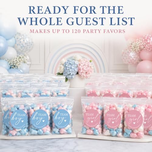 Gender Reveal Party Favor Bags, 120 Team Boy or Girl Stickers and 120 Clear Treat Bags, 1.6 Inch Pink and Blue Labels for Candy, Snacks and Baby Shower Decorations