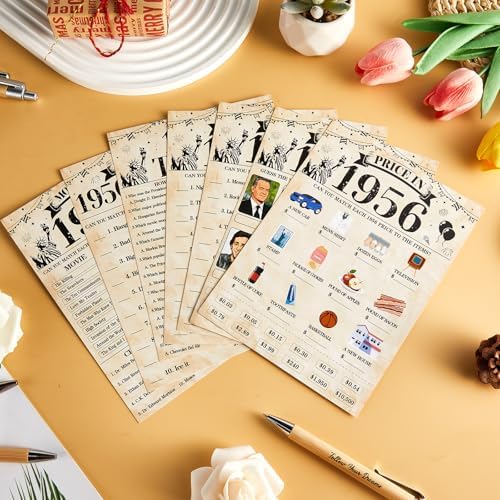 70Pcs 70th Birthday Party Games Born In 1956 Fun 1956 Trivia Music Slang Books Game Double-Sided Game Cards Vintage 70th Birthday Party Supplies for 70 Year Old Activity Anniversary Class Reunion