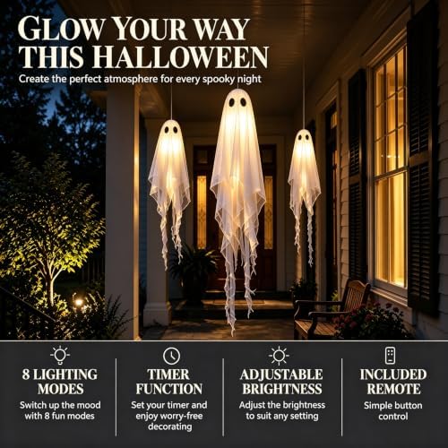 3 Packs Halloween Decorations Outdoor - Hanging Ghost Decor for Porch Yard