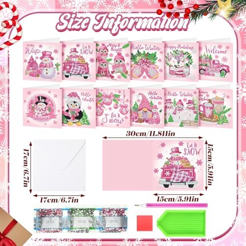 Saillong 12 Pack Pink Winter Diamond Painting Greeting Card Kits Winter Diamond Art Cards with Envelopes Snowman 5D Rhinestones Painting Making Kits for Adults DIY Craft Family Friend Holiday Gifts
