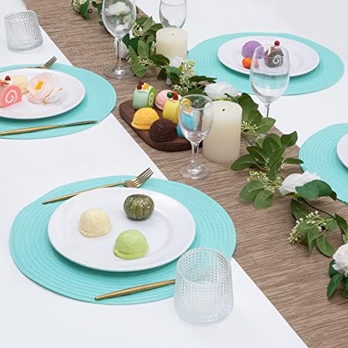 SHACOS Round Placemats Set of 4 Washable 15 inch Round Table Mats Cotton Polyester Woven Braided Place Mats for Dining Table Wedding Party Decor (Aqua, 4)