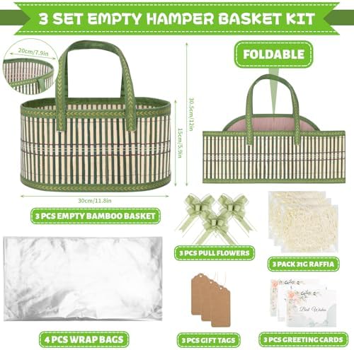 SelfTek 3 Pack Baskets for Gifts Empty, Woven Bamboo G-ift Basket Kit with Wrap Bags, Gift Card, Raffia and Pull Bows, Gifts Baskets for Birthday, Wedding, 30 x 20 x 15 cm - Green