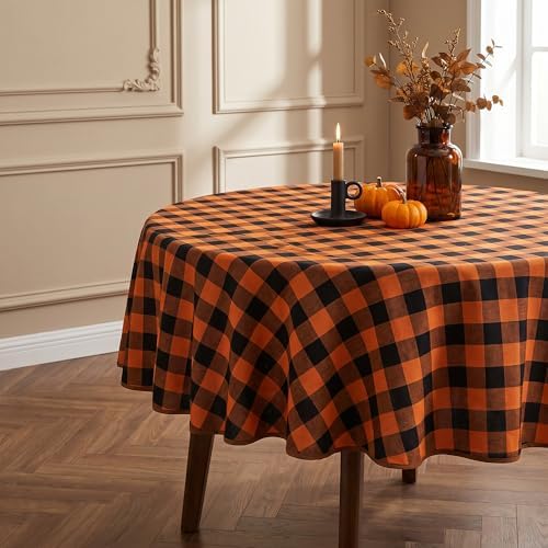 Waterproof Gingham Tablecloth, Checkered Fabric Table Cover for Kitchen Dining, Black & Orange Plaid Table Cloth, Rectangle Table Cloth for Indoor Outdoor Use, 60" Round