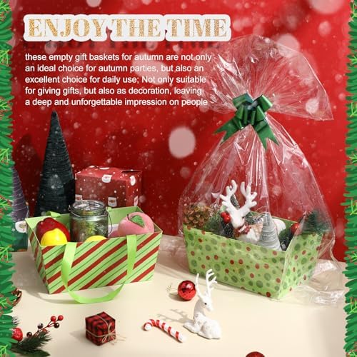 Moinchore 12 Pcs Christmas Elf Basket for Gifts Empty 9.8x6.5'' Red Green Stripe Dot Gift Basket Empty to Fill with Handles, Bows, Plastic Bags and Twist Ties for Holiday Birthday Wedding Party Favor